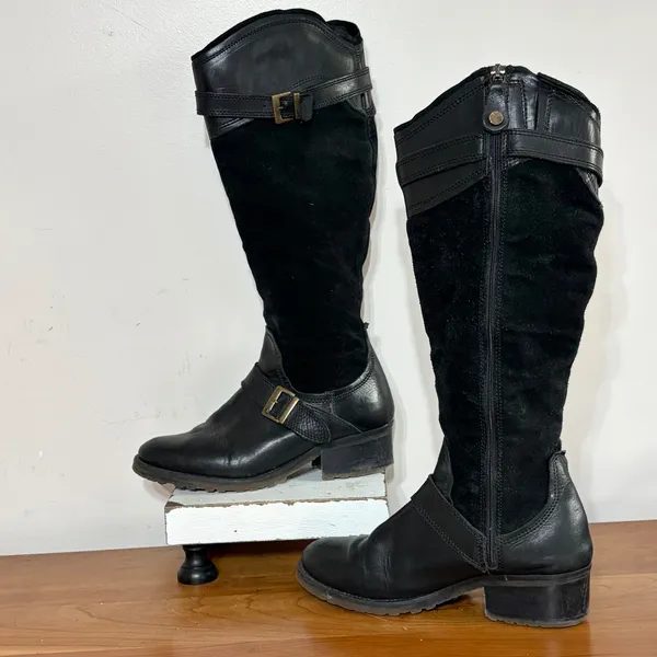 Fabianelli Black Leather Suede Tall Moto Boots Buckle Detail G186 Euro 37 - Image 2