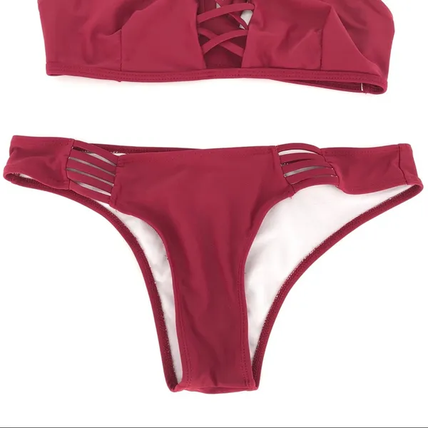 Strappy Criss Cross Bikini‎ Set Maroon Size S Red - Image 5