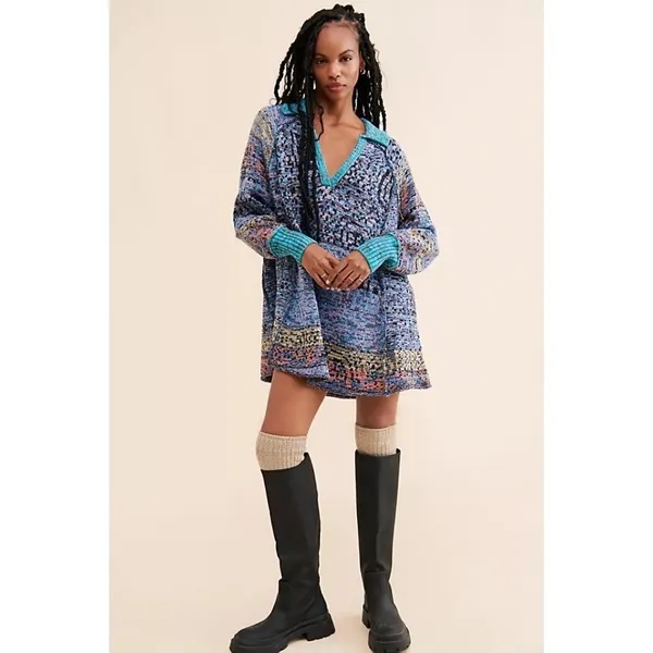 FREE PEOPLE‎ Seasons Of Sun Mini Collared Pullover Knit Sweater Dress Small - Image 4