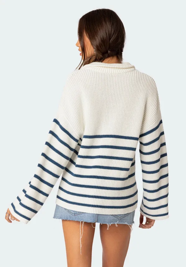 Edikted White Quarter-Zip Blue Striped  - Image 4