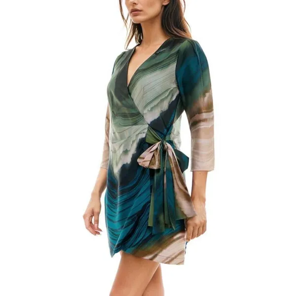 Socialite Olive Teal Abstract Marble Print Wrap Mini Dress WDR121749-N New Small - Image 3
