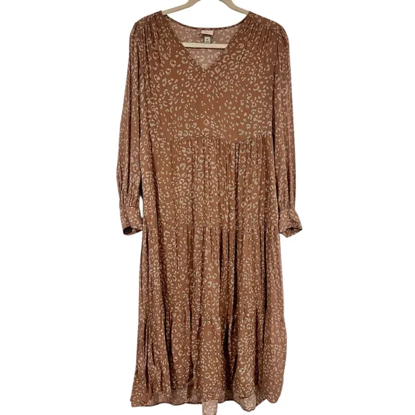 Woman’s Boho Cottagecore Brown Animal Print Long Sleeve Tiered Midi Dress XS - Image 2