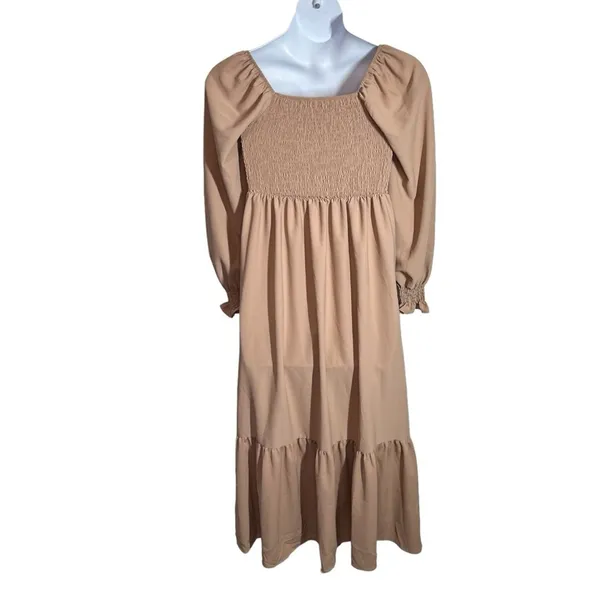 Khaki Smocked Maxi Dress Large Boho Square Neck Ruffle Hem Festival - Image 11