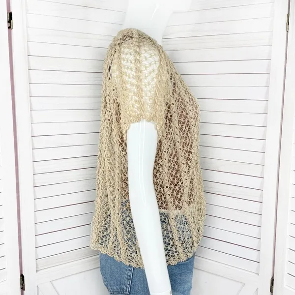 Vintage Boho Crochet Lace Sheer Topper Cardigan Button Up Tan Medium Cottagecore - Image 3