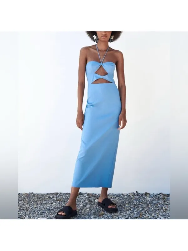Zara Bright Blue Strapless Cutout Midi Dress - Image 2