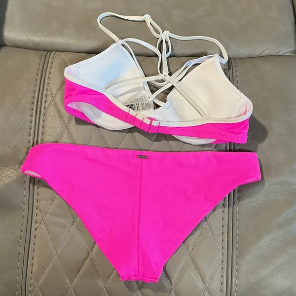 PINK Victoria's Secret Hot Pink & Light Pink Lace-Up Bikini - Image 2