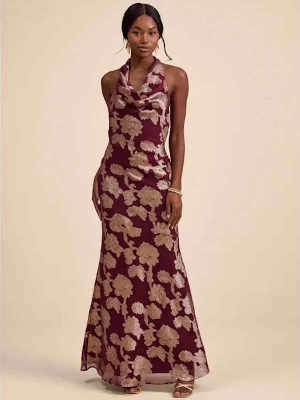 Lulus Zafira Burgundy And Gold Burnout Cowl Halter Maxi Dress Red - Size L - Image 3