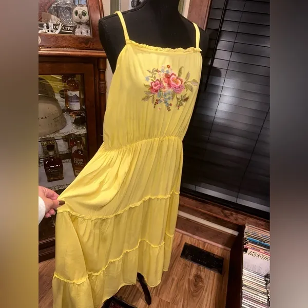 FEATHER Yellow Boho Embroidered Tiered Maxi Dress Plus 2X Coastal Summer Rayon - Image 7
