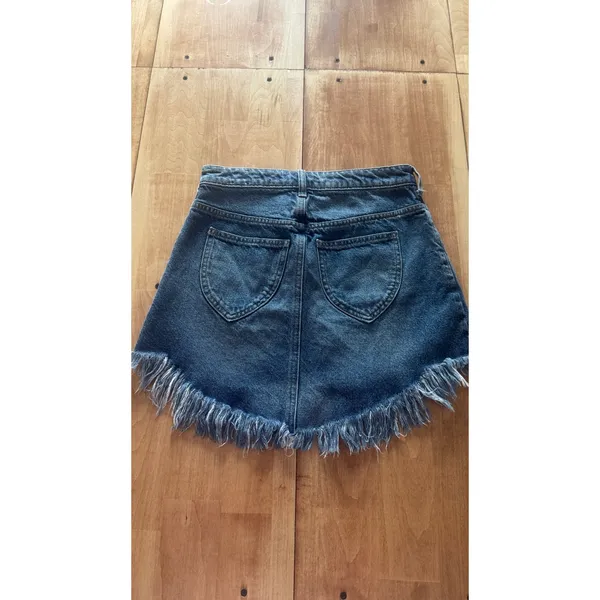 We The Free Free People Denim Mini Skirt 26 Blue Fringed Hem High Rise Boho‎ - Image 5