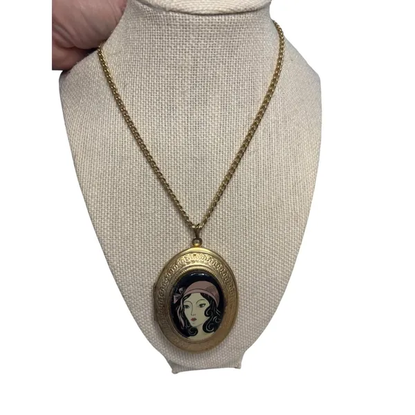 Vintage Art Deco Gold-Tone Oval Locket Necklace With Painted Lady Portrait - Image 3
