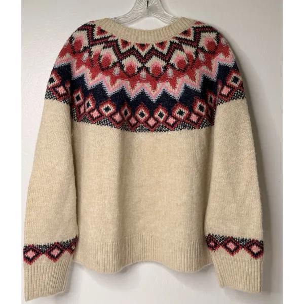 Old‎ Navy Crew Neck Fair Isle Sweater Women Sz L Wool Blend Retro Boho Boxy Warm - Image 2