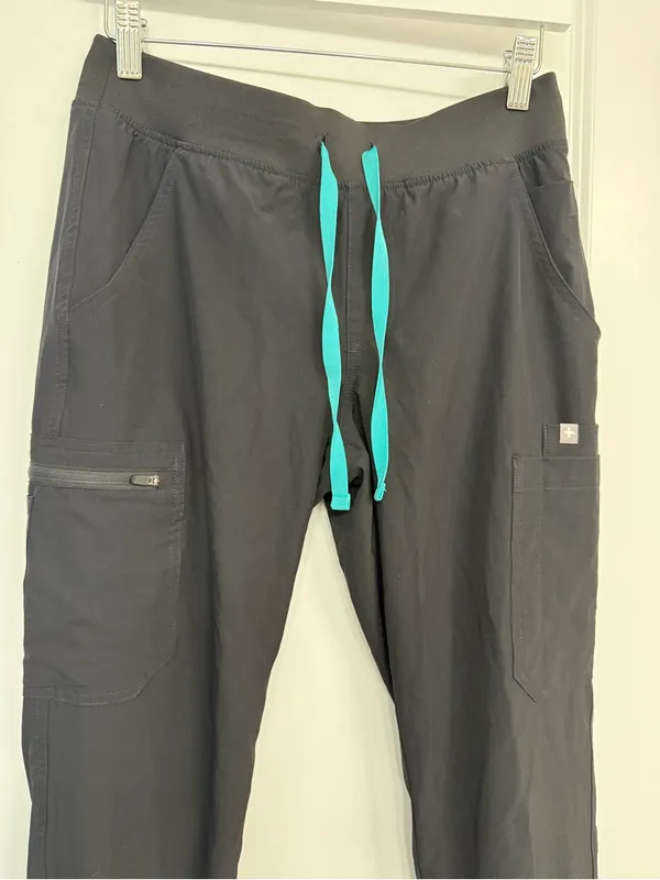 FIGS Technical Collection Black Cargo Scrub Pants Teal Drawstring S Petite - Image 4