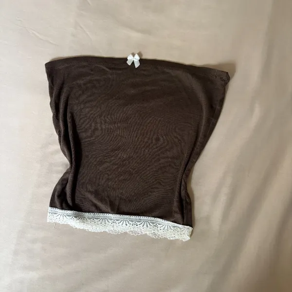 Brown Lace-Trim Bow Tube Top - Image 2