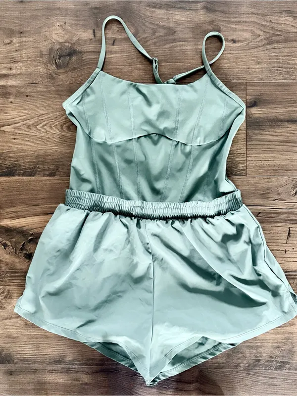 PINK Victoria's Secret Sage Green Active Romper One Piece Shorts - Image 4