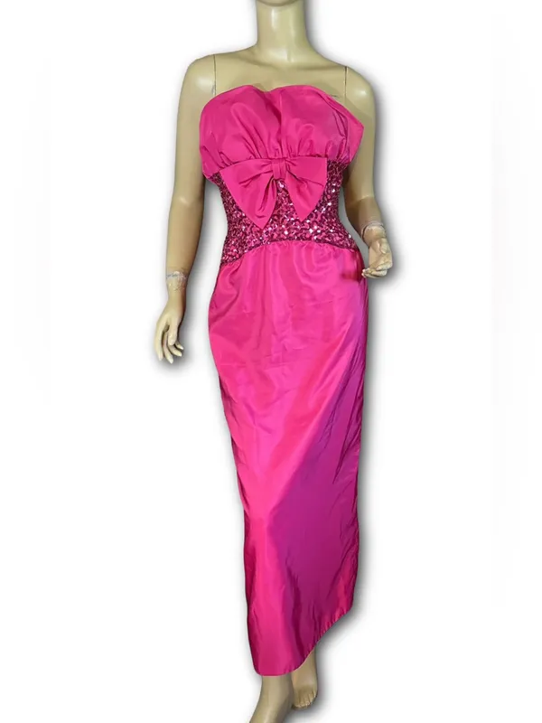 Vintage 1980'S Hot Pink Mike Benet Strapless Satin & Rhinestone Formal Dress (Xs - Image 2