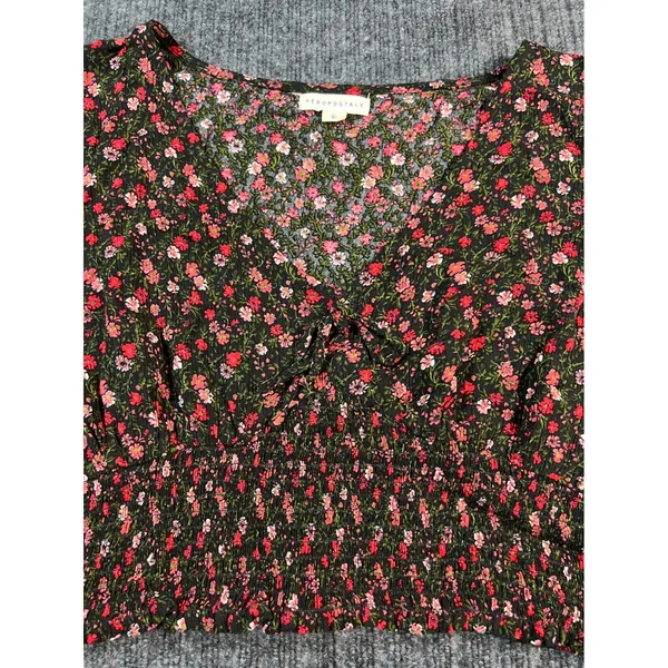 AEROPOSTALE Floral Crop Top Women XL Black Pink Smocked V-Neck Puff‎ Sleeve NWT - Image 9