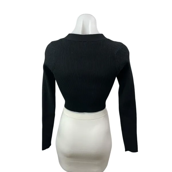 Windsor Black Ribbed Knit Long Sleeve V Neck Button Up Cardigan Crop Top Size S - Image 4