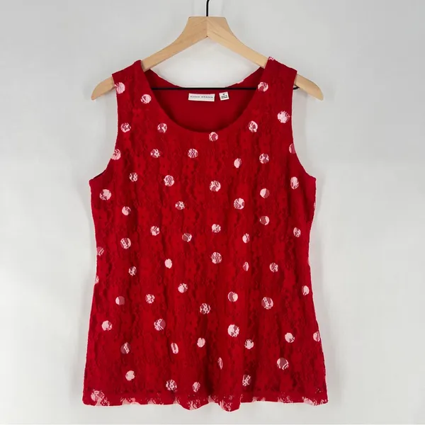 Susan Graver Red Lace White Polka Dot Scoop Neck Tank Sheer Open Cardigan‎ Set - Image 11