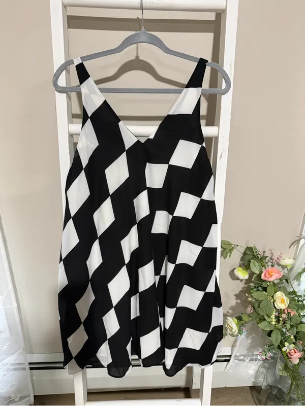 Sam Edelman Black and White Check V-Neck Mini Dress - Image 3