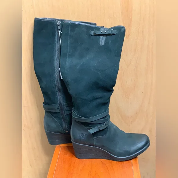 UGG Black Knee-High Suede Wedge Boots.     Size-8.  Elevated Casual - Image 3
