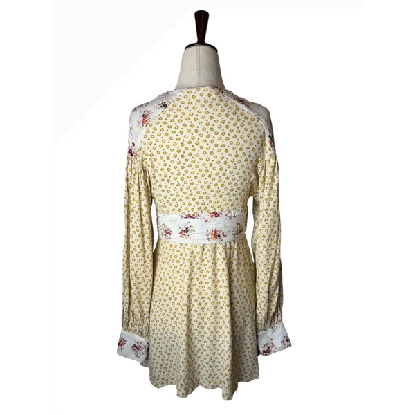 Free People‎ Wonderland Floral Mini Dress Women XS Yellow Boho Sash Cottagecore - Image 3