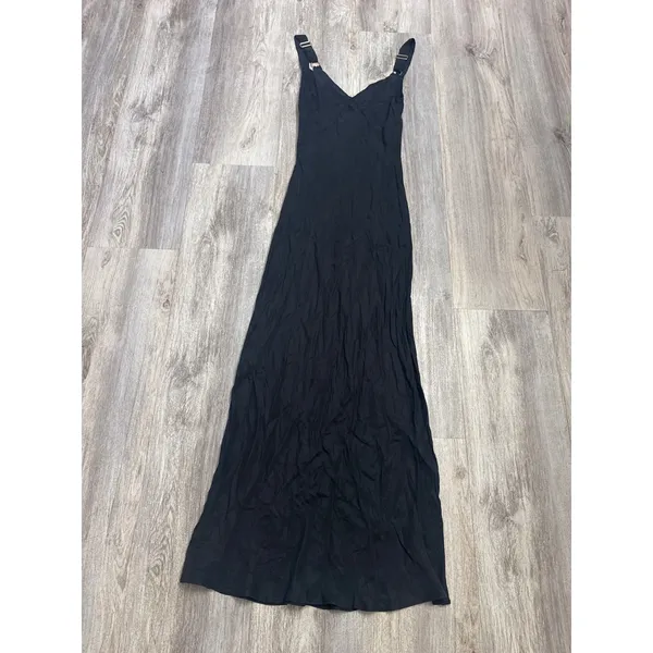 Dissh Kendall Black Midi Slip Dress Cupro Viscose V Neck Gold Ring Straps US 4 - Image 4