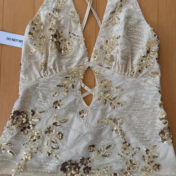 Princess Polly Eurydice beaded sequin backless gold halter top - Image 3