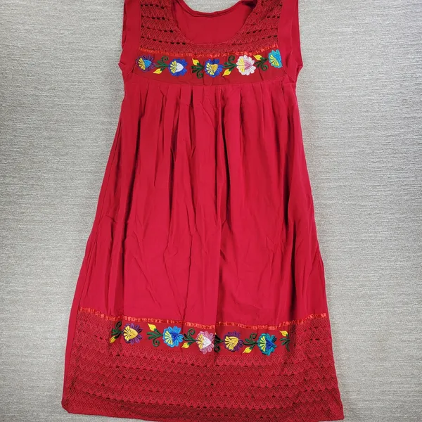 Handmade Mexican Dress M Red Embroidered Muumuu Floral Crochet Boho Hippie Midi - Image 11