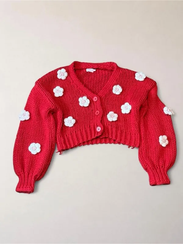 Red V-Neck Floral Appliqué Knit Cardigan Sweater - Image 4