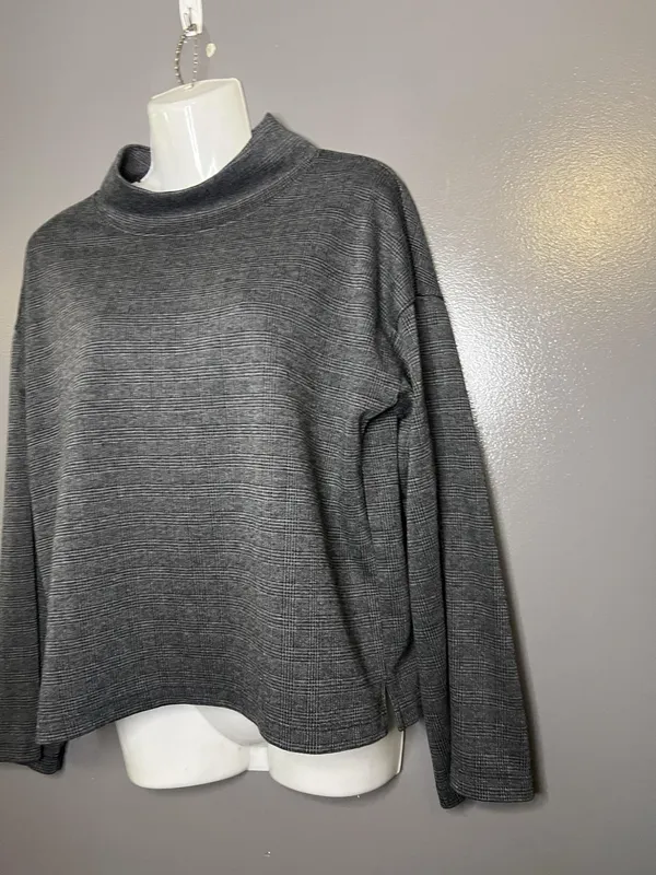 Madewell Blouse Womens Small Gray Check Mock Neck Long Sleeve Stretch Top - Image 4
