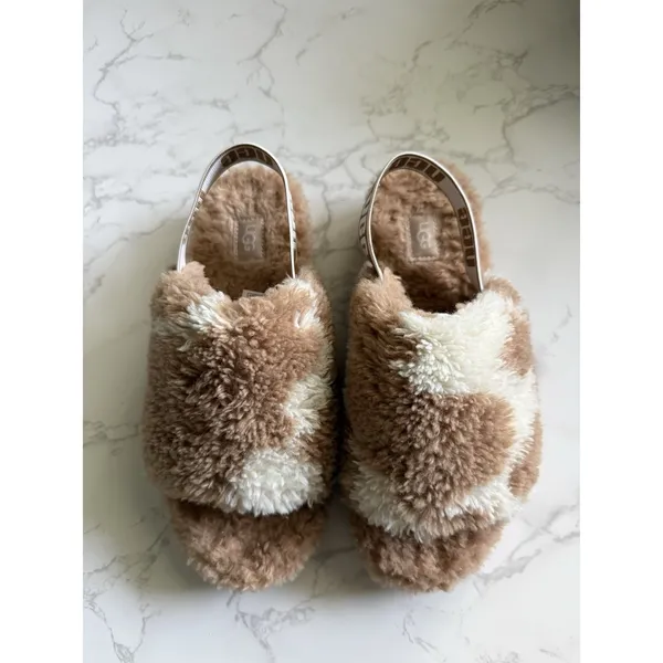 UGG Fluff Yeah Cow Print Shearling Slide Slippers Women's US 8 EU 39 Beige Tan - Image 3
