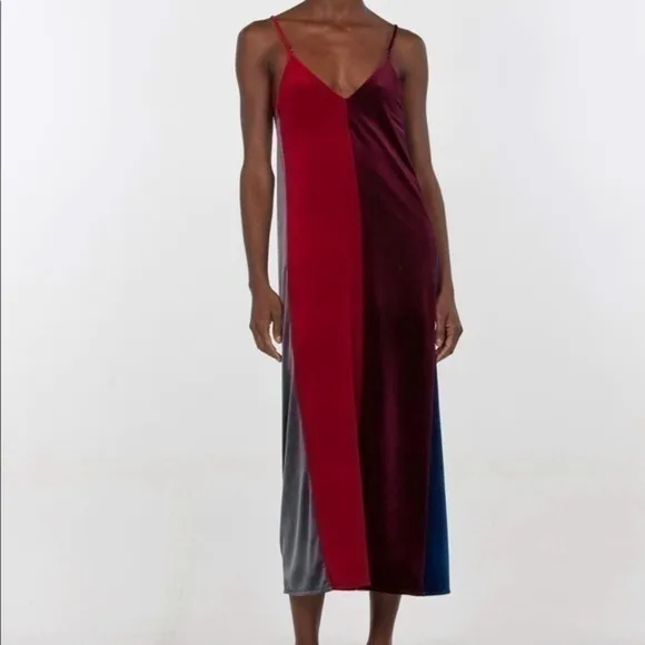 Drifter Dress Velarium Velvet Slip Color Block Strappy maxi Red Maroon Blue - Image 2