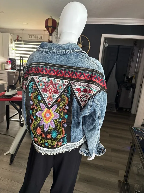 Chance Off Embroidered Boho Denim Jacket with Coin Fringe One Size - Image 2