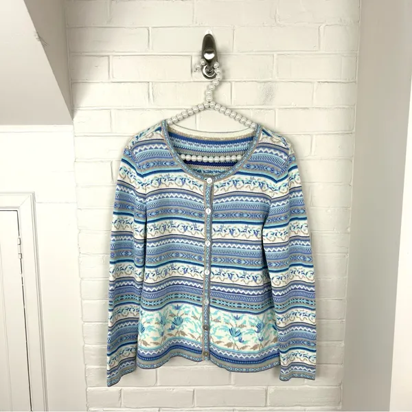 Blue Patterned Knit Cardigan Sweater Size L - Image 2