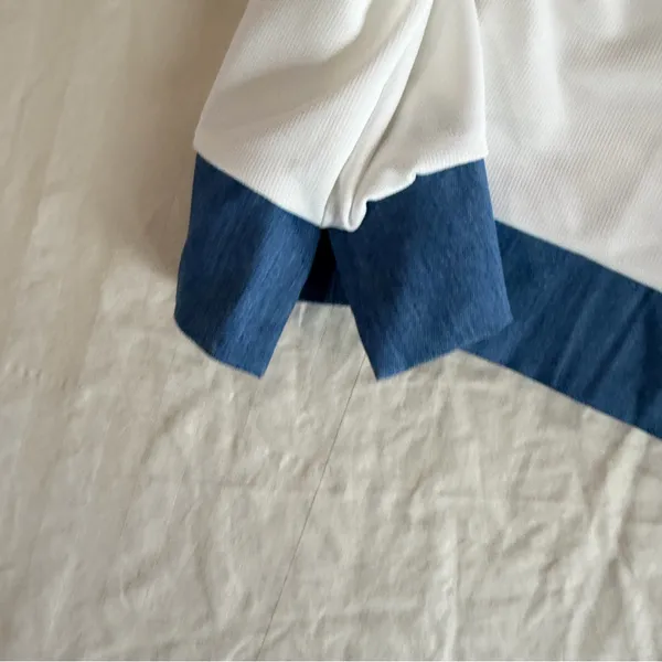 NEW Women's White with Blue Denim Style Trim Peter Pan Collar Size L #260464 - Image 3