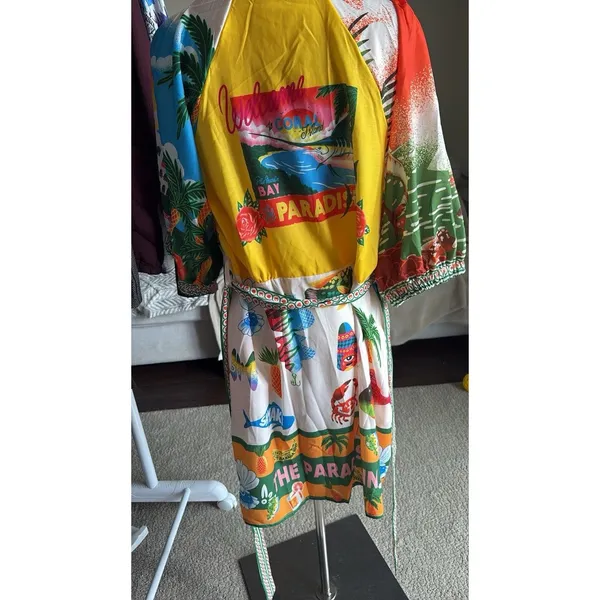 Tropical Patchwork Mini Dress XL Resort Print Designer Inspired Puff Sleeve - Image 8