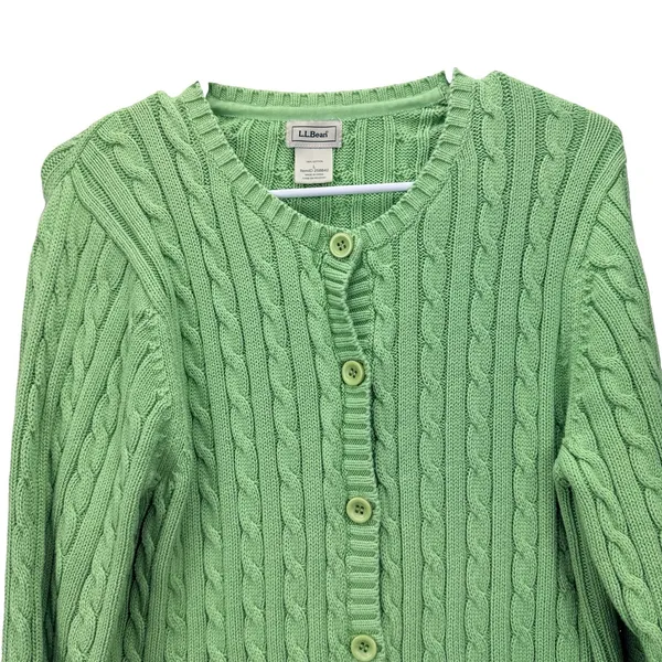 LL Bean Lime Green Cable Knit Cotton Button Up Cardigan Sweater Size LARGE - Image 3
