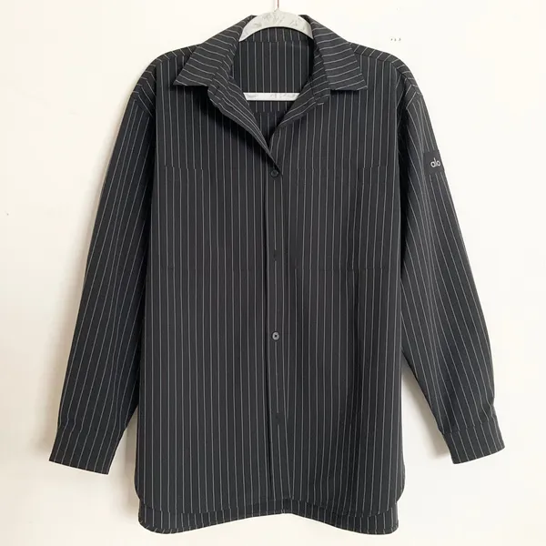 Alo Yoga Pinstripe Daylight Button Down Long Sleeve Black/Titanium M - Image 2