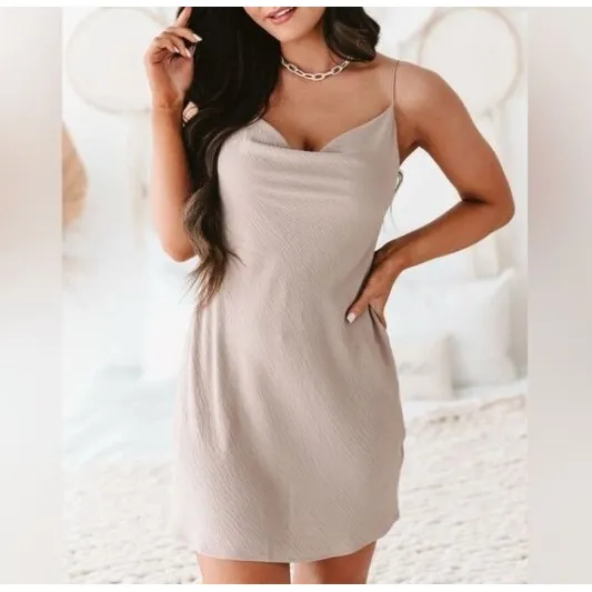 Timing Womens Tan Textured Cowl Neck Spaghetti Strap Mini Slip Dress DR5778‎ M - Image 9