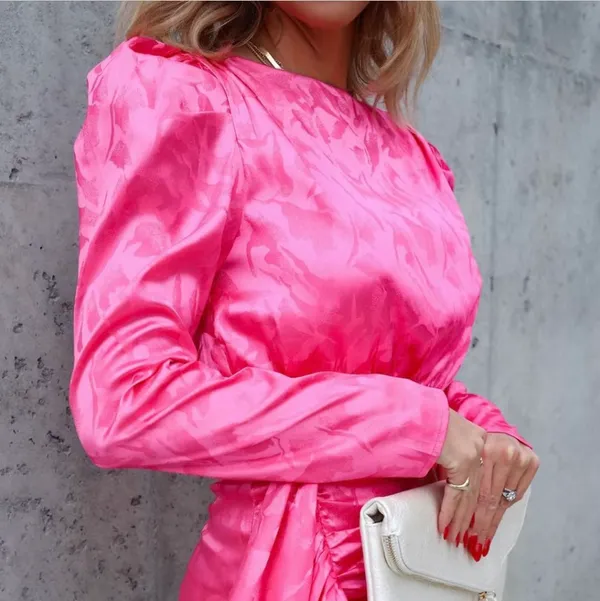 New- Katherina Satin Embossed Ruched Mini Dress - Pink - Image 7