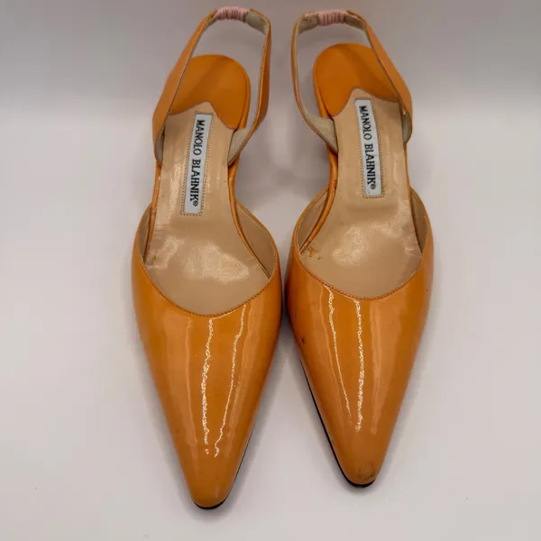 Manolo Blahnik Carolyne Orange Patent Leather Slingback Kitten Heels Size 36.5 - Image 6
