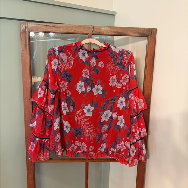 Given Kale Red Floral Blouse with Layered Ruffled Sleeves - Image 3