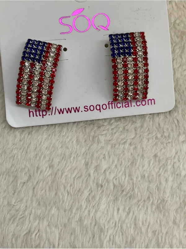 SO Rhinestone American Flag Stud Earrings - Red, Blue, Silver - Image 2