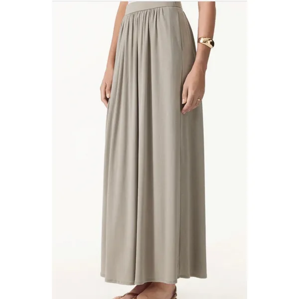 OGL Tencel-Linen Soft Linen Knit Gathered A-Line Maxi Skirt with Pockets Large - Image 2