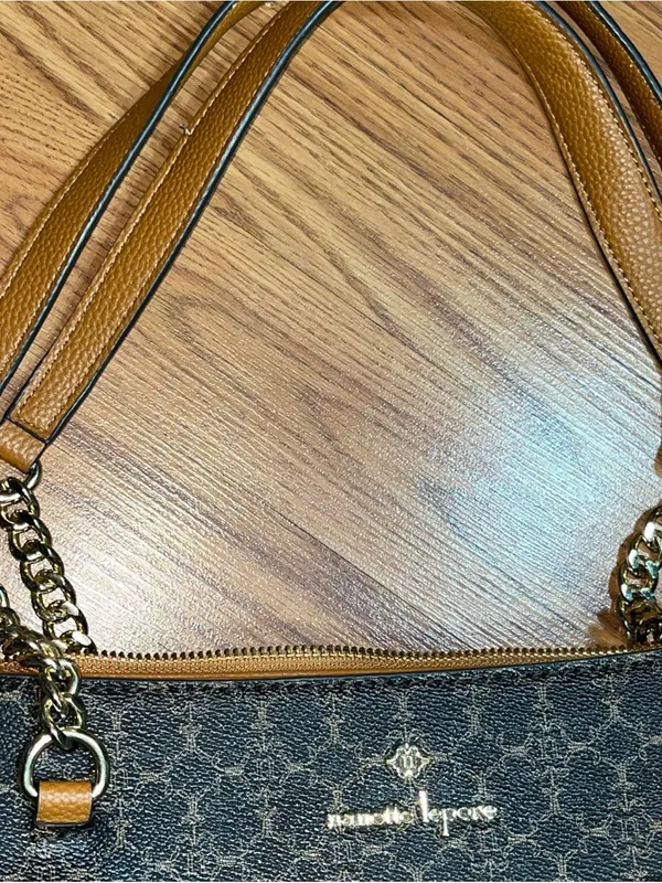 Nanette Lapore Brown Monogram Shoulder Bag with Tan Accents and Chain Handles - Image 6