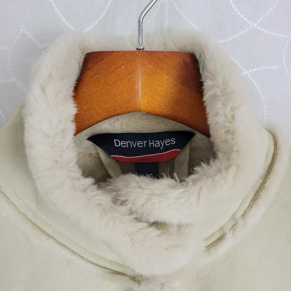 Denver Hayes Womens Winter Jacket Large Beige Green Faux Mock Neck Button Pocket - Image 5