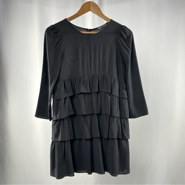 Zara Tiered Ruffle Long Sleeve Mini Dress in Black‎ Size Extra Small - Image 2
