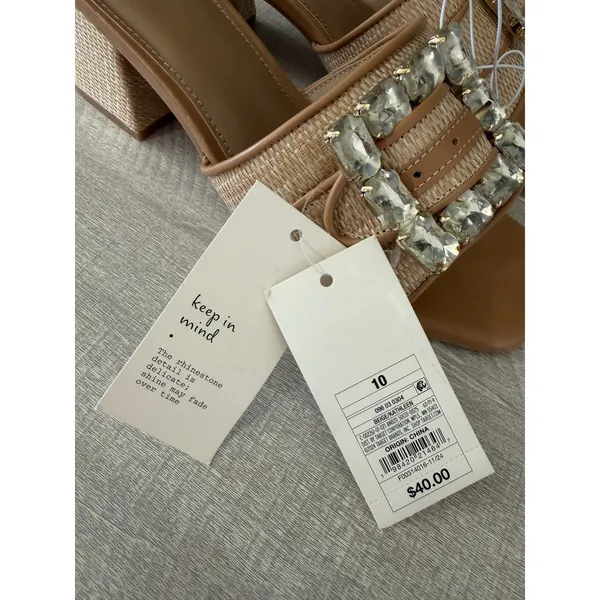 A New Day Kathleen Beige Raffia Crystal Buckle Block Heel Slide Sandals Size 10 - Image 7