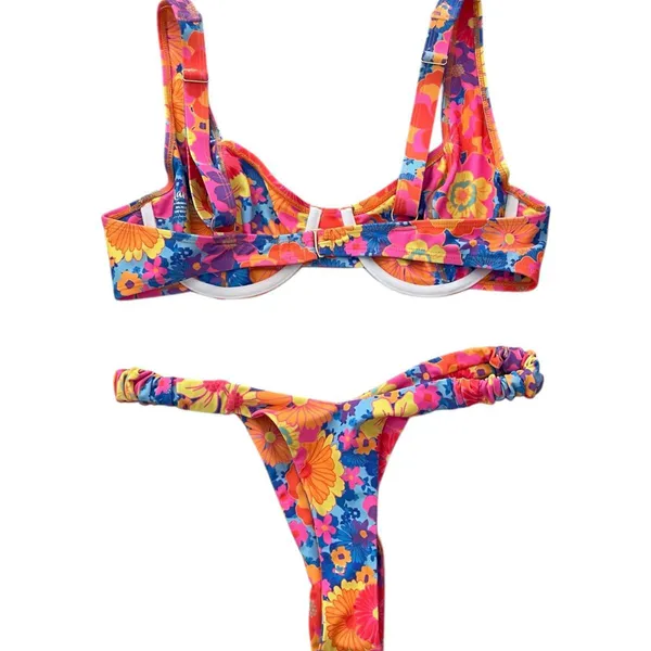 Kulani Kinis Bikini Set Sapphire Sun Floral Retro Y Thong Underwire Bralette M/L - Image 2