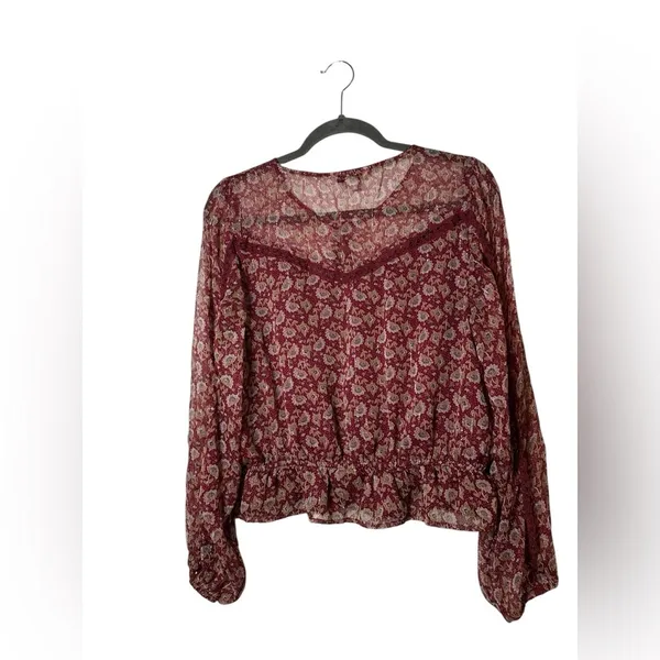 American Eagle Sheer‎ Floral Blouse Large Burgundy Long Sleeve Boho Peasant Top - Image 7